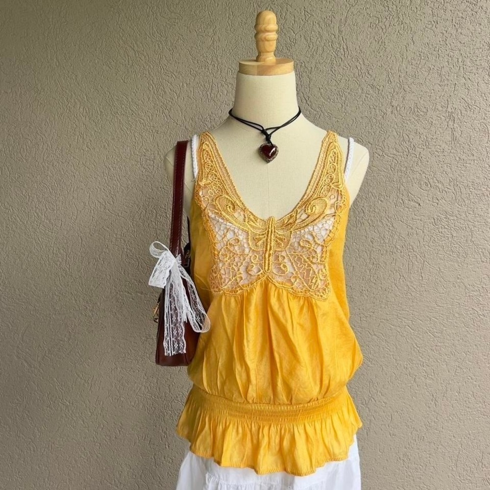 Y2K Yellow Butterfly Double Layered Tank Top Fits Large Boho Hippie Festival